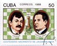 (1988-053) Марка Куба "Э. Ласкер и Р. Капабланка"    100 лет со дня рождения Хосе Рауля Капабланки I