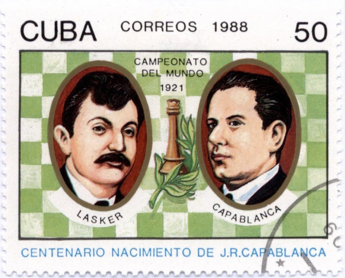 (1988-053) Марка Куба &quot;Э. Ласкер и Р. Капабланка&quot;    100 лет со дня рождения Хосе Рауля Капабланки I