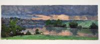 Картина Тулаев В. Н. 1981 г. Грозовое небо на рекой Пейзаж масло картон 30х11 см