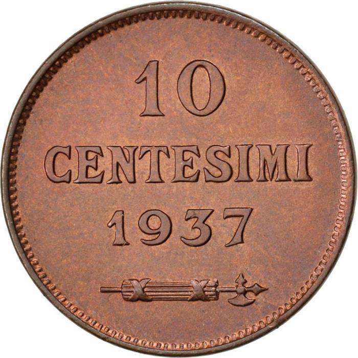(1937) Монета Сан-Марино 1937 год 10 сентесимо   Медь Медь  UNC