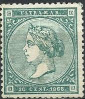 (№28) Марка Куба 1868 год "Королева Изабелла II", Гашеная