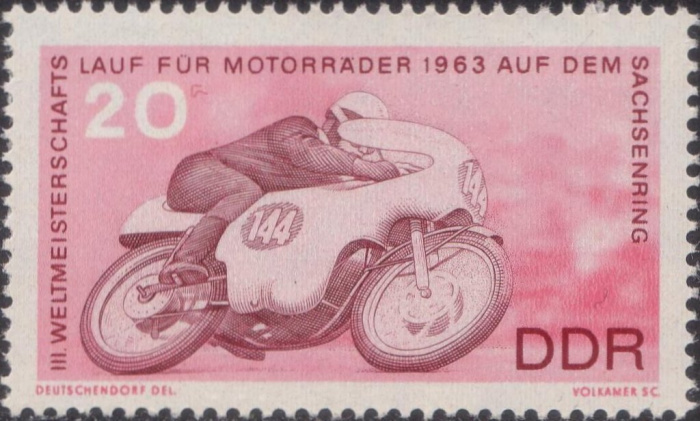 (1963-040) Марка Германия (ГДР) &quot;Мотогонки&quot;  красная  Мотоспорт III Θ
