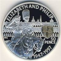 (1997) Монета Остров Св Елены 1997 год 50 пенсов "Елизавета и Филипп 50 лет"  Серебро Ag 925  PROOF
