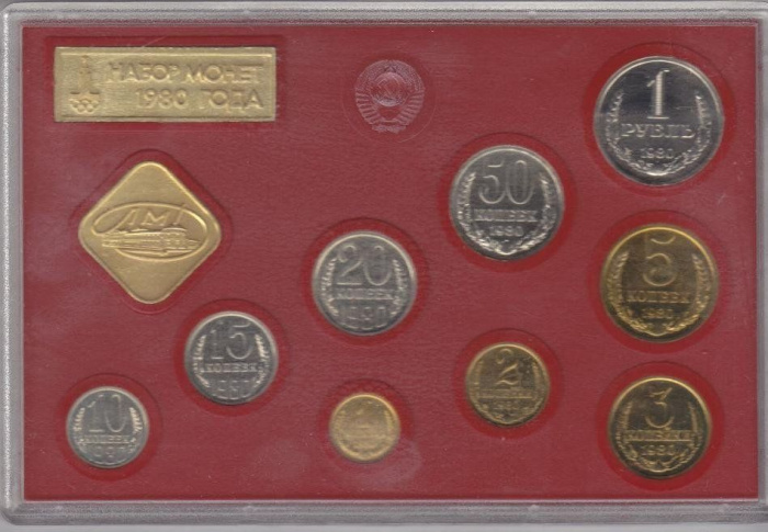 (1980лмд, 9 монет, 2 жетона, пластик, красный) Набор СССР 1980 год    UNC
