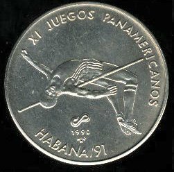 (1990) Монета Куба 1990 год 1 песо &quot;XI Панамериканские игры. Прижки в высоту&quot;  Медь-Никель  UNC