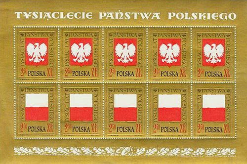(1966-040-041) Лист (10 м 5х2) Польша &quot;Флаг и герб&quot;   1000 лет Польше №1 III Θ