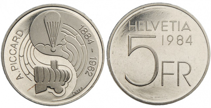 (1984) Монета Швейцария 1984 год 5 франков &quot;Огюст Пиккар&quot;  Медь-Никель  PROOF