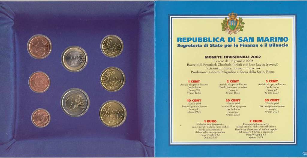 (2002, 8 монет) Набор монет Сан-Марино 2002 год &quot;Гора Монте-Титано&quot;   Буклет