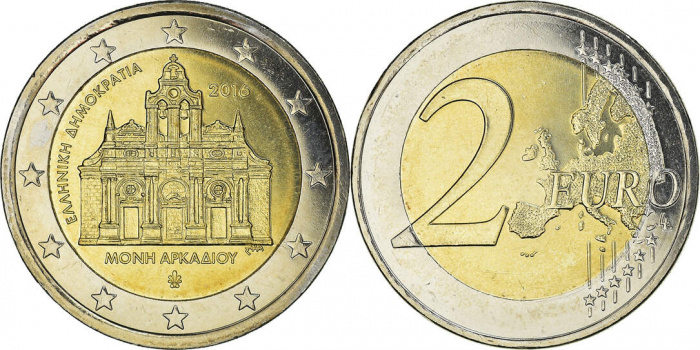 (014) Монета Греция 2016 год 2 евро &quot;Штурм турками монастыря Аркади&quot;  Биметалл  UNC