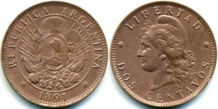 (1891) Монета Аргентина 1891 год 2 центаво &quot;Марианна&quot;  Медь-Никель  XF