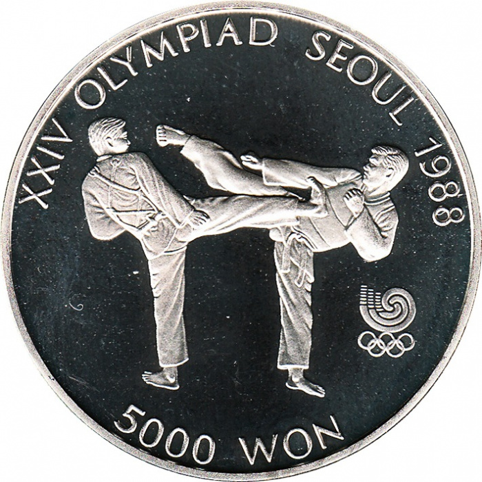 (1987) Монета Южная Корея 1987 год 5000 вон &quot;XXIV Летняя олимпиада Сеул 1988 Тхэквондо&quot;  Серебро Ag 