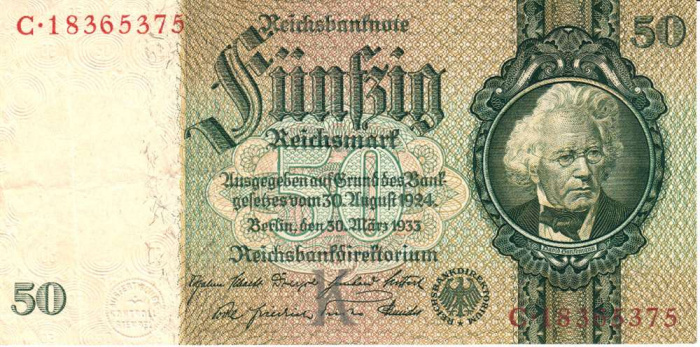 (1924-1933) Банкнота Германия 1933 год 50 марок &quot;Давид Ганземан&quot; 8 цифр в номере  VF