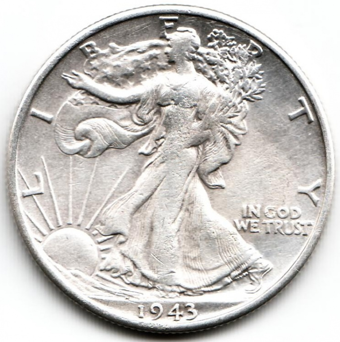 (1943s) Монета США 1943 год 50 центов   Шагающая Свобода. Орлан на скале Серебро Ag 900  VF