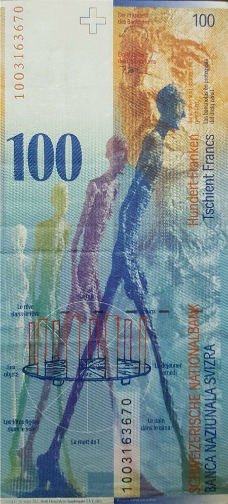 (,) Банкнота Швейцария 2010 год 100 франков &quot;Альберто Джакометти&quot;   UNC