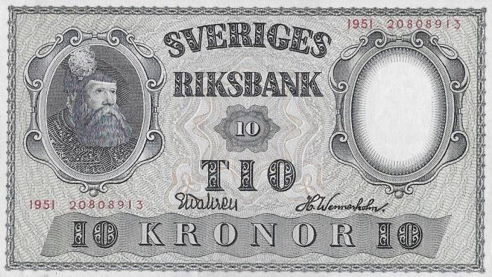 (,) Банкнота Швеция 1951 год 10 крон &quot;Густав I Васа&quot;   UNC
