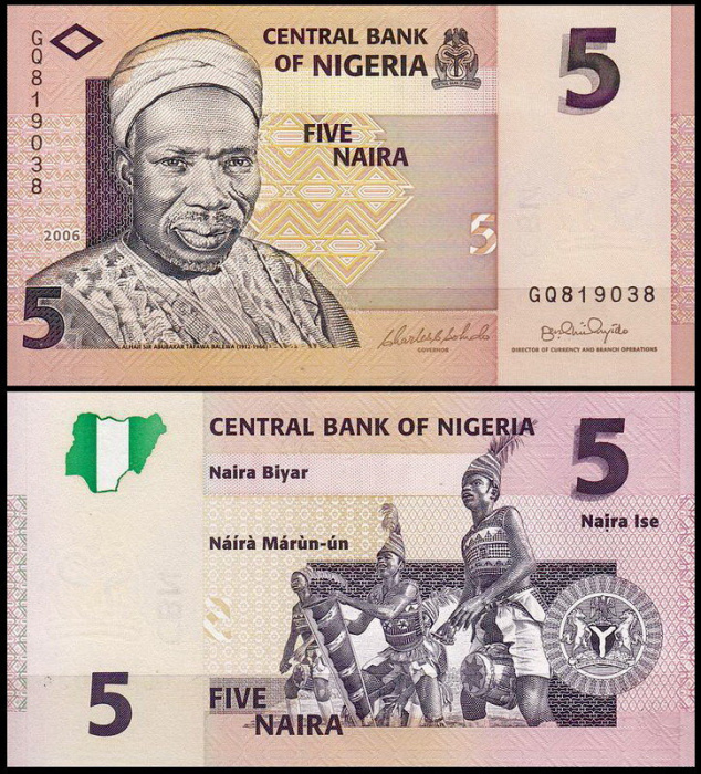 (2006) Банкнота Нигерия 2006 год 5 найра &quot;Абубакар Тафава Балева&quot; Бумага  UNC