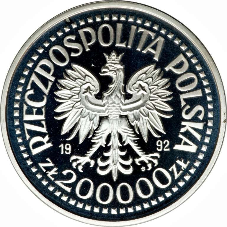 (1992) Монета Польша 1992 год 200000 злотых &quot;Открытие Америки. 500 лет&quot;  Серебро Ag 999  PROOF