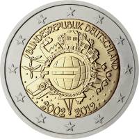 (009) Монета Германия (ФРГ) 2012 год 2 евро "10 лет наличному обращению Евро" Двор F Биметалл  UNC