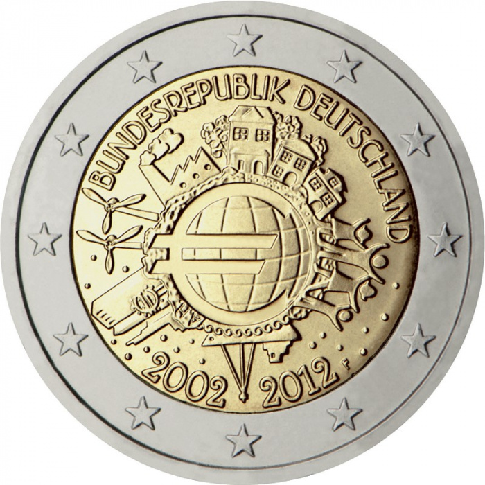 (009) Монета Германия (ФРГ) 2012 год 2 евро &quot;10 лет наличному обращению Евро&quot; Двор F Биметалл  UNC