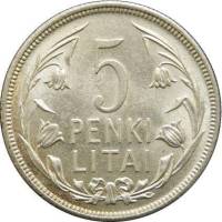 (1925) Монета Литва 1925 год 5 лит   Серебро Ag 500  VF