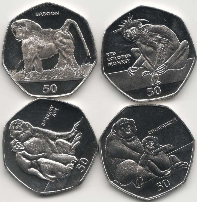 (2018, 4 монеты по 50 пенсов) Набор монет Гибралтар 2018 год "Обезьяны"   Мешочек