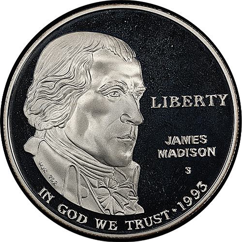(1993d) Монета США 1993 год 1 доллар   Джеймс Мэдисон. Билль о правах Серебро Ag 900  UNC