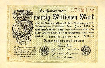 (1923) Банкнота Германия 1923 год 20 000 000 марок &quot;Вод знак Буквы S&quot; 6-й выпуск  UNC