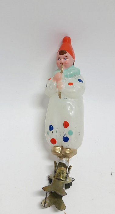 Ёлочная игрушка на прищепке &quot;Клоун с дудочкой&quot;, стекло, 10 см., СССР (сост. на фото)