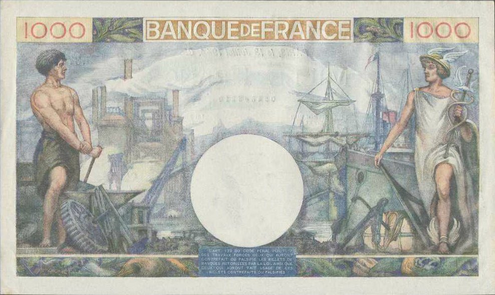 (№1944P-96c) Банкнота Франция 1944 год &quot;1,000 Francs&quot; (Подписи: J)