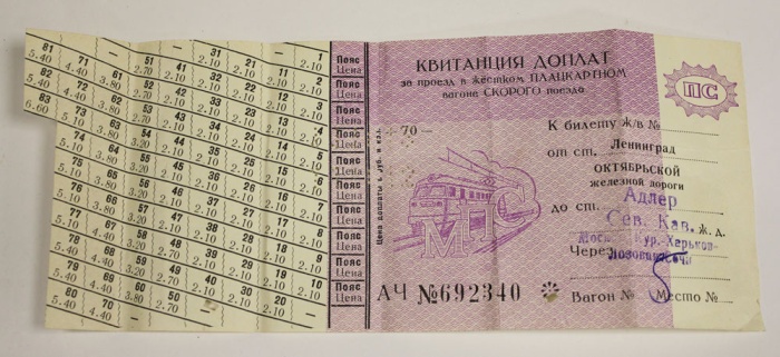 Квитанция доплат, ж/д Ленинград-Адлер (см. фото)