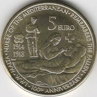 2014 Монета Мальта 2014 год 5 евро 1-я Мировая Война Памяти павших медсестёр  Латунь Латунь  UNC