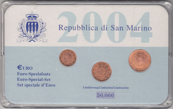 (2004, 3 монеты, 1, 2 и 5 евроцентов) Набор монет Сан-Марино 2004 год    Футляр