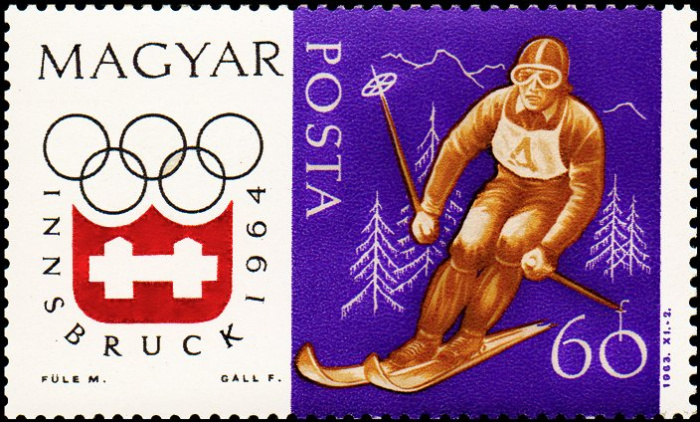 (1963-078) Марка Венгрия &quot;Горнолыжный спорт&quot;    Зимние Олимпийские Игры 1964, Инсбрук II O