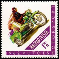 (1962-084) Марка Венгрия "Мотоциклист с коляской"    Мотоспорт III Θ