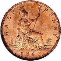 () Монета Великобритания 1860 год 1/2 пенни "Королева Виктория"  Медь  VF