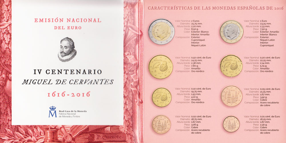 (2016, 9 монет) Набор монет Испания 2016 год &quot;Мигель де Сервантес&quot;  Буклет