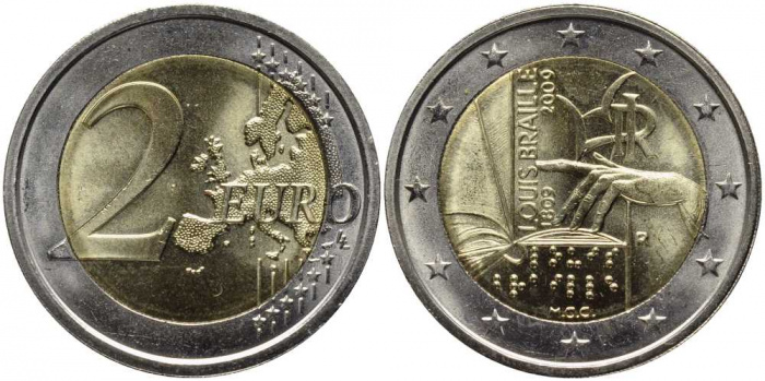 (007) Монета Италия 2009 год 2 евро &quot;Луи Брайль&quot;  Биметалл  UNC