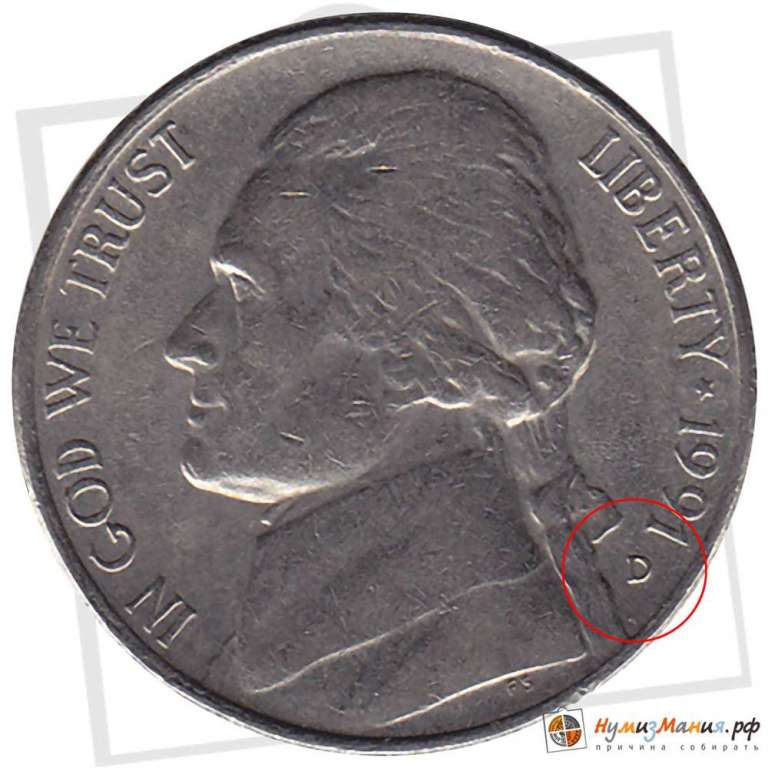 (1991d) Монета США 1991 год 5 центов   Томас Джефферсон Медь-Никель  VF