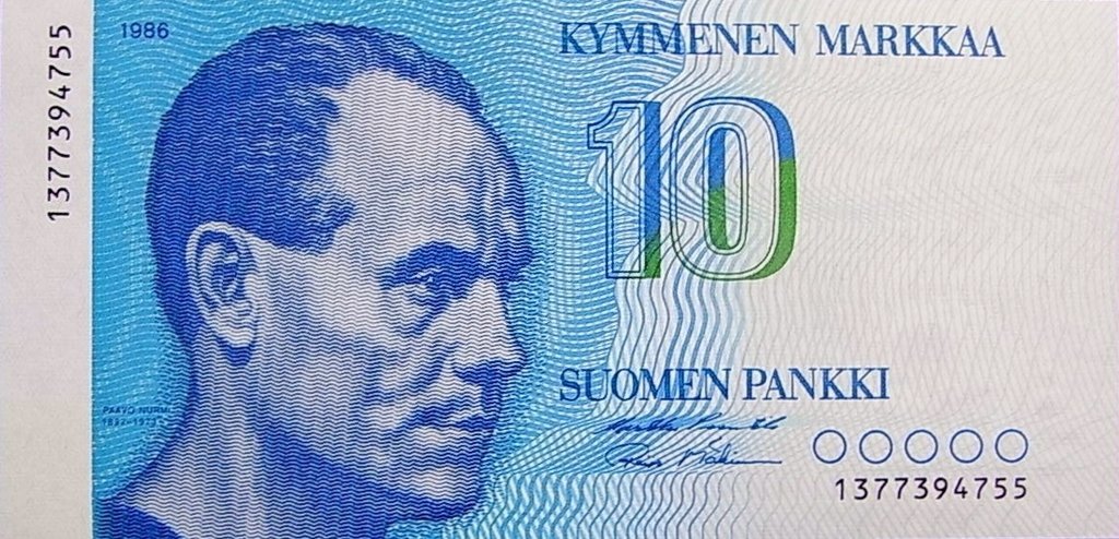 (1986) Банкнота Финляндия 1986 год 10 марок &quot;Пааво Нурми&quot; Puntila - Mäkinen  UNC