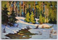 Картина Тулаев В. Н. 1974 г. Пейзаж Хвойный лес зимой масло картон 35х25 см