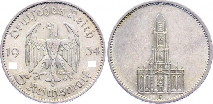 (1934F) Монета Германия (Рейх) 1934 год 5 марок &quot;Кирха в Потсдаме&quot;  Без подписи Серебро Ag 900  XF