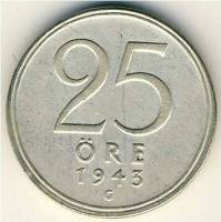 (1943) Монета Швеция 1943 год 25 эре   Серебро Ag 400  UNC