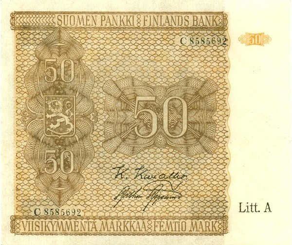 (1945 Litt A) Банкнота Финляндия 1945 год 50 марок    UNC