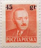 (1951-027) Марка Польша "Б. Берут, надпечатка 45г над 35з"   Президент Б. Берут (1892-1956) (Стандар