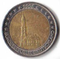 (004) Монета Германия (ФРГ) 2008 год 2 евро "Гамбург" Двор F Биметалл  VF