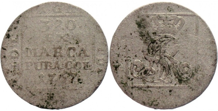 1767 Монета Польша 1767 год 1 серебряный грош Станислав Август Понятовский  Серебро Ag 375  F
