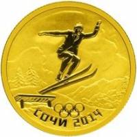 (096 спмд) Монета Россия 2013 год 50 рублей "Сочи. Прыжки на лыжах (2014 год)"  Золото Au 999  PROOF