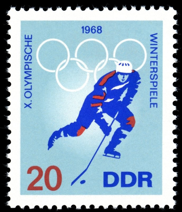 (1968-004) Марка Германия (ГДР) &quot;Хоккей&quot;    Зимние ОИ 1968, Гренобль III O