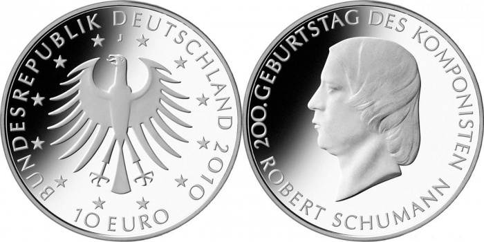 (2010J) Монета Германия (ФРГ) 2010 год 10 евро &quot;Роберт Шуман&quot;  Серебро Ag 925  UNC