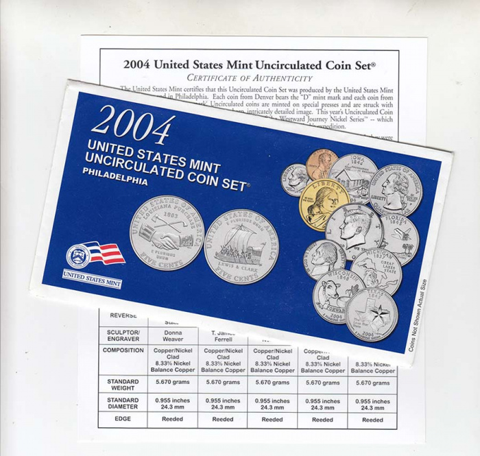 (2004p, 11 м.) Набор США 2004 год  Сакагавея и 5 монет остальных номиналов  UNC